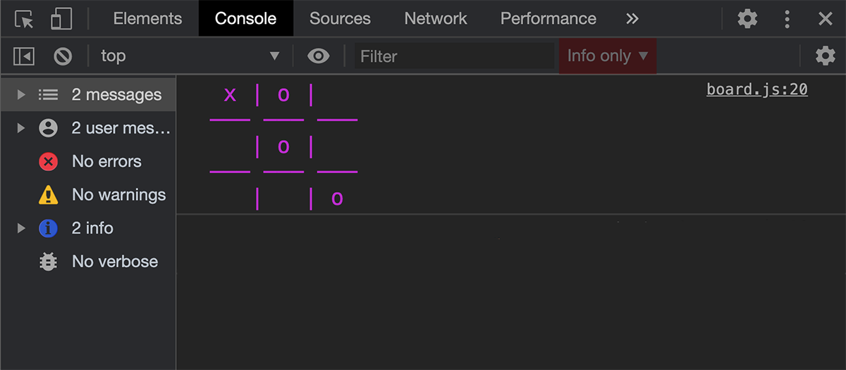 Image showing a formatted board printed in the browser's console.