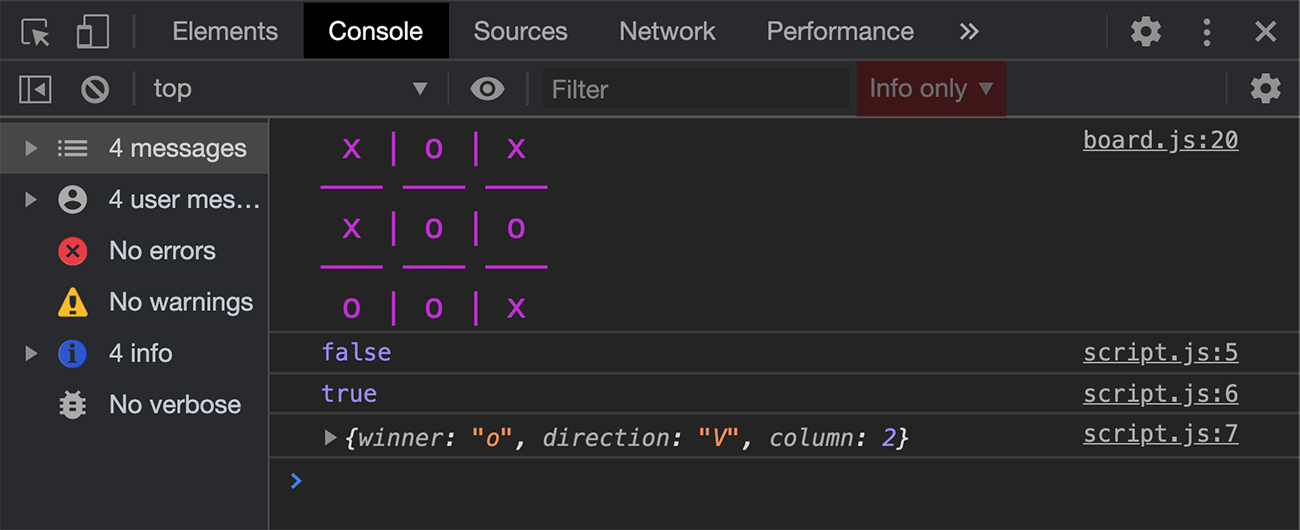 Image showing methods testing results in the browser's console.