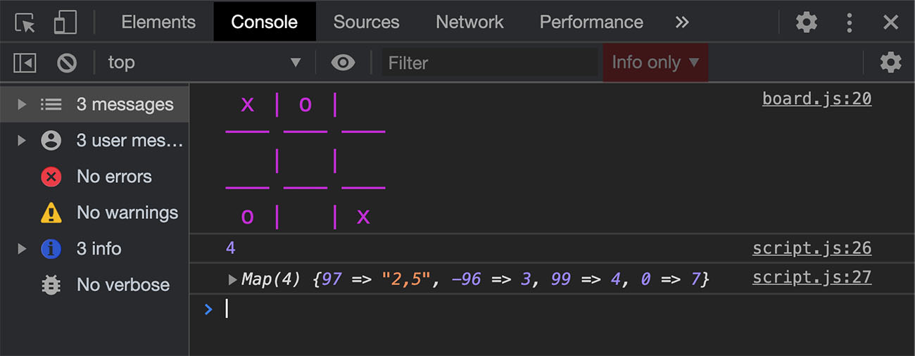 Image showing testing our new class in the browser's console