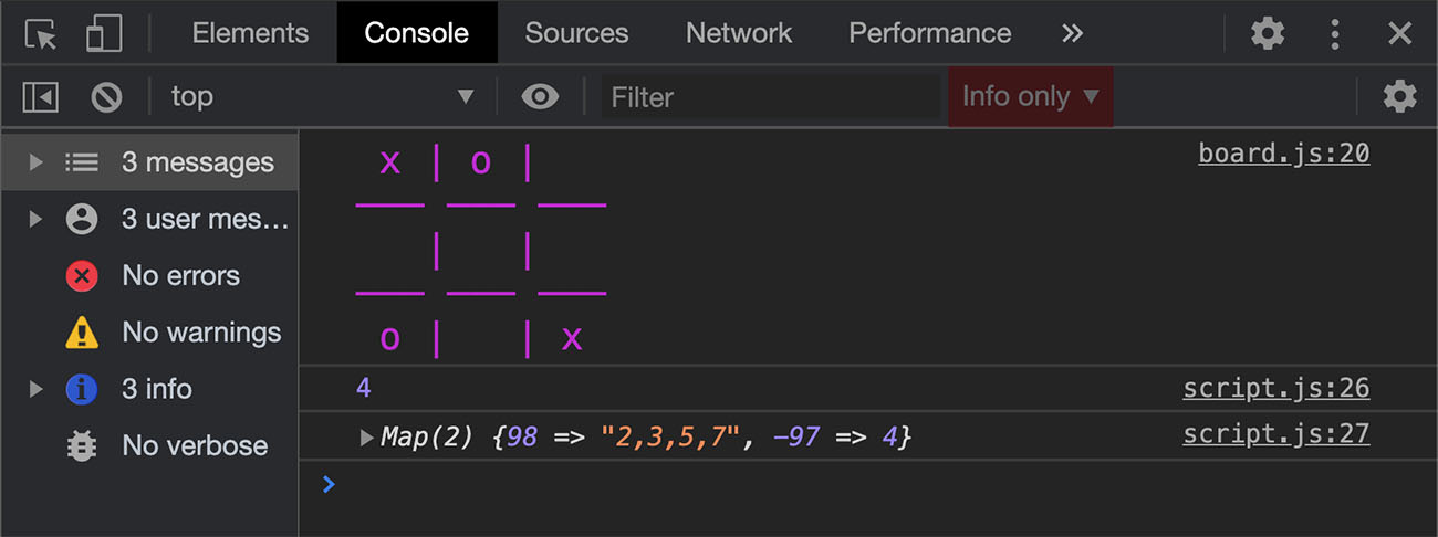 Image showing testing our new class in the browser's console, this time with O's turn instead of X's